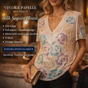 Papelle Vintage Silk Sequin Blouse L White Multi Beaded Evening Top V Neck